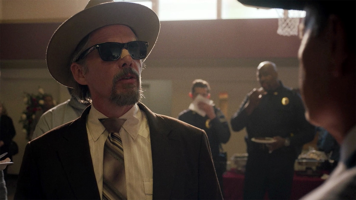 Lee Raybon at Dale's memorial in The Lowdown Ethan Hawke as Lee Raybon at Dale's memorial in an official The Lowdown episode video still